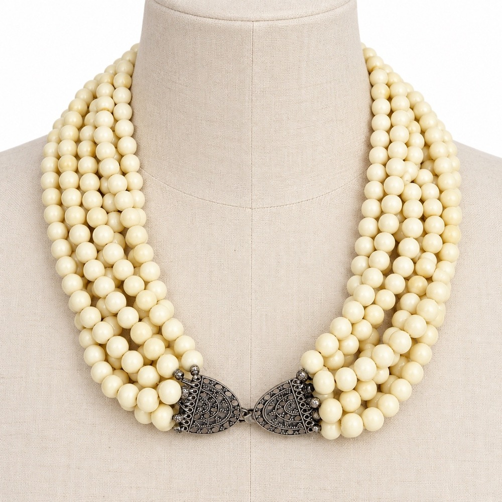 925 Sterling Silver Multi Strand Bead Necklace Cream Filigree Clasp